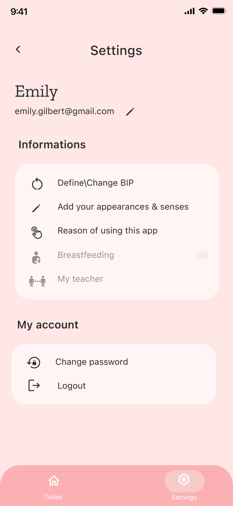 Tela de configurações do aplicativo de fertilidade Evelyn mostrando perfil do usuário e opções de conta