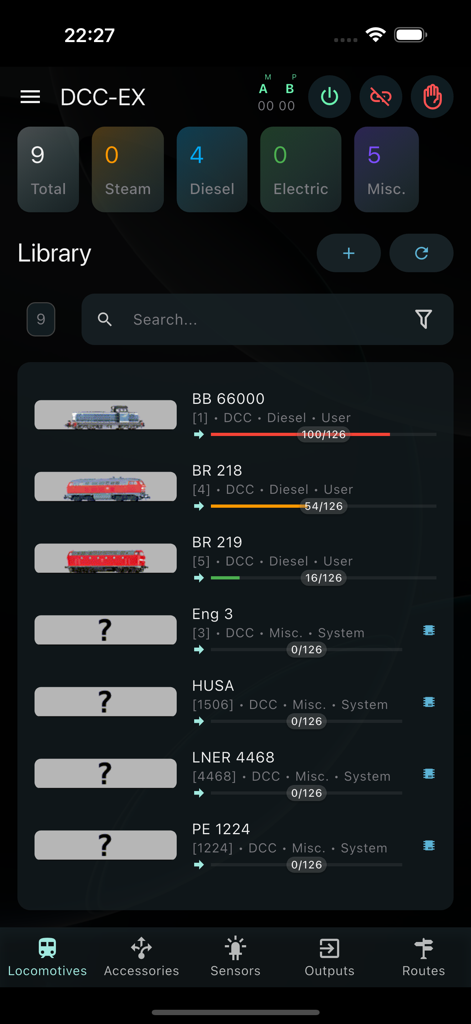 Locomotive library interface in the DCC-EX Cab app showing a list of model trains