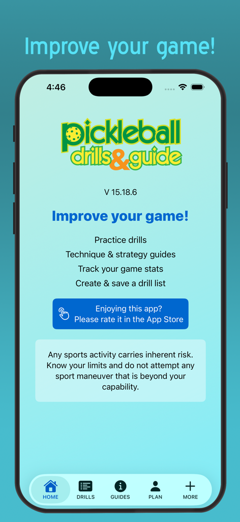 Home screen of the Pickleball Drills and Guide app showing features like practice drills and game stats