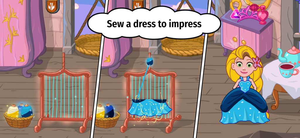 Un personaje de princesa vistiendo un vestido azul hecho en un telar en Pepi Wonder World.
