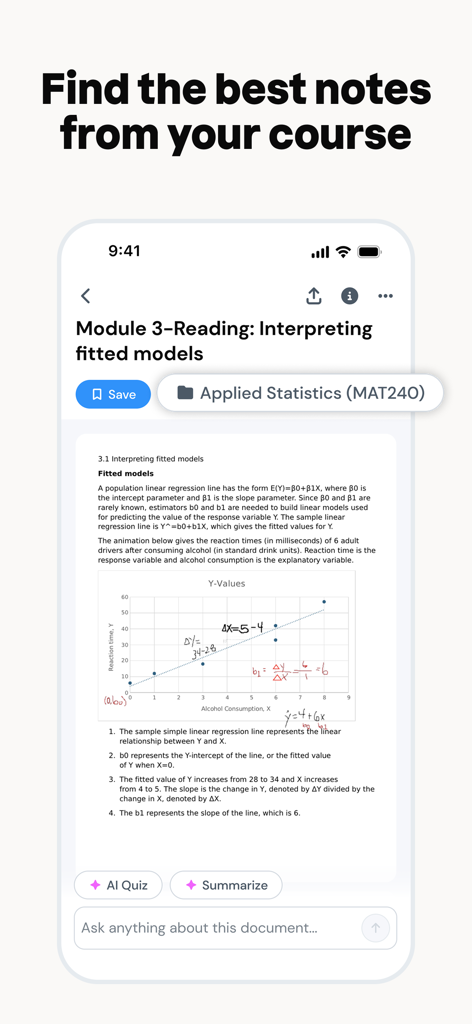 Studocu: AI Notes & Summaries - Vista móvil de la aplicación Studocu mostrando notas de estudio compartidas para un curso de Estadística Aplicada con funciones de resumen de IA y cuestionarios