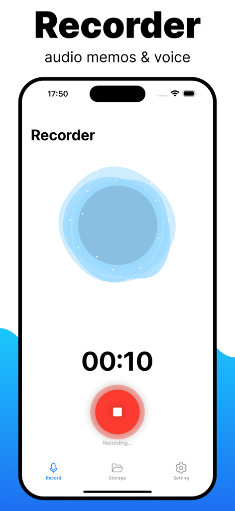 Voice Memos App - Interface of the Voice Memos App on an iPhone showing a recording session in progress with a timer and stop button.