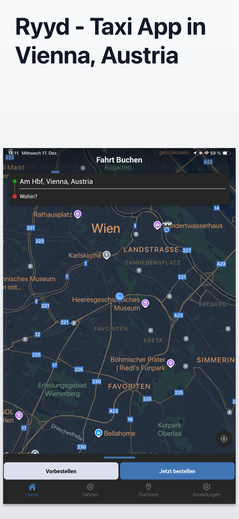 Ryyd Taxi Booking Vienna - Map interface of the Ryyd taxi booking app for Vienna with options for pre-booking and immediate ordering
