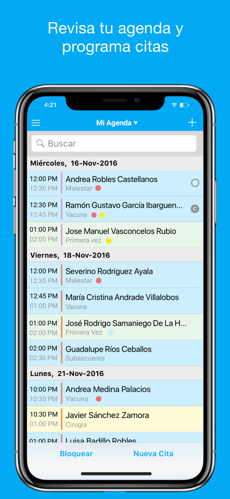 DataHealth - La interfaz de la aplicación móvil DataHealth mostrando una agenda de consulta médica con una lista de citas de pacientes programadas en un iPhone.
