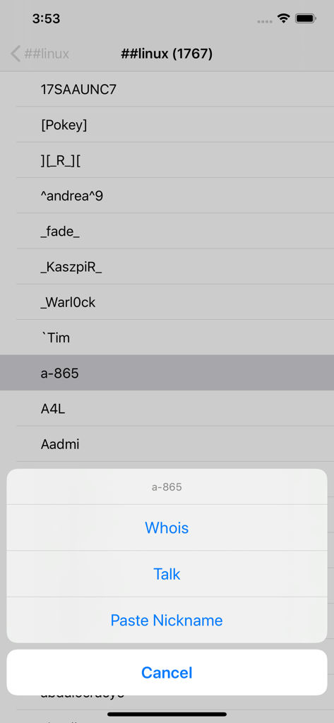 Cliente IRC LimeChat que muestra una lista de usuarios en el canal de Linux con opciones para Whois y Talk.