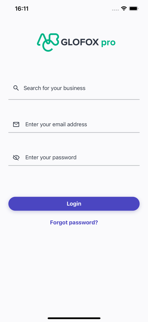 Glofox Pro - Staff App - Glofox Pro staff app login interface with business search and credentials fields