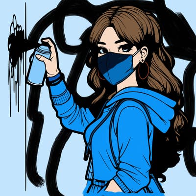 realistic girl with mask spray painting a wall