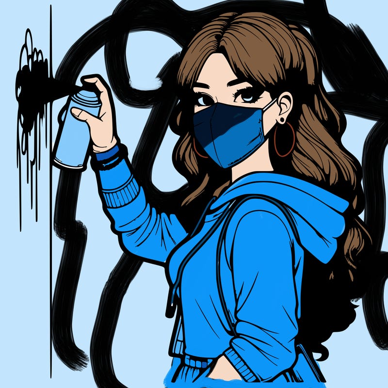 realistic girl with mask spray painting a wall