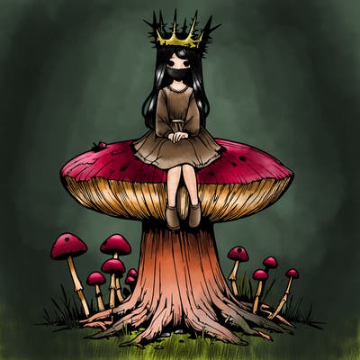 realistic girl sitting on a huge tree stump size toadstool with thorn crown