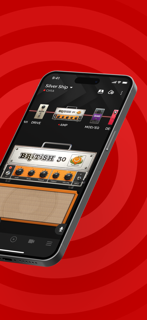 Spark: Chords, Backing Tracks - Smartphone affichant l'interface de l'application Spark avec un amplificateur de guitare britannique 30 virtuel et une pédalier
