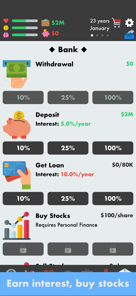 Captura de pantalla del juego de la interfaz bancaria en El Simulador de Vida que muestra opciones de depósitos, préstamos e inversiones en acciones