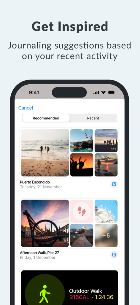 Day One: Daily Journal & Diary - Day One app interface showing automated journaling suggestions from photos and fitness activity