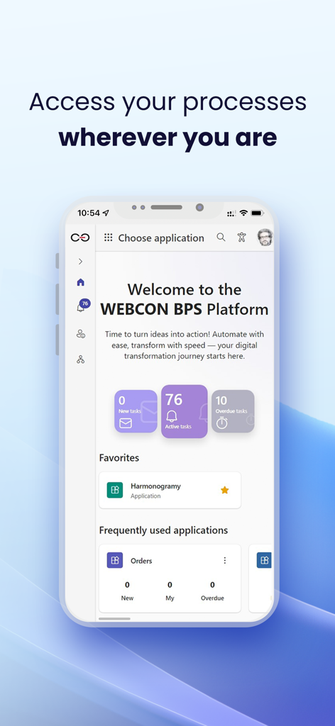WEBCON BPS Mobile App Dashboard, das aktive Business-Workflow-Aufgaben und -Prozesse auf einem Smartphone-Bildschirm anzeigt