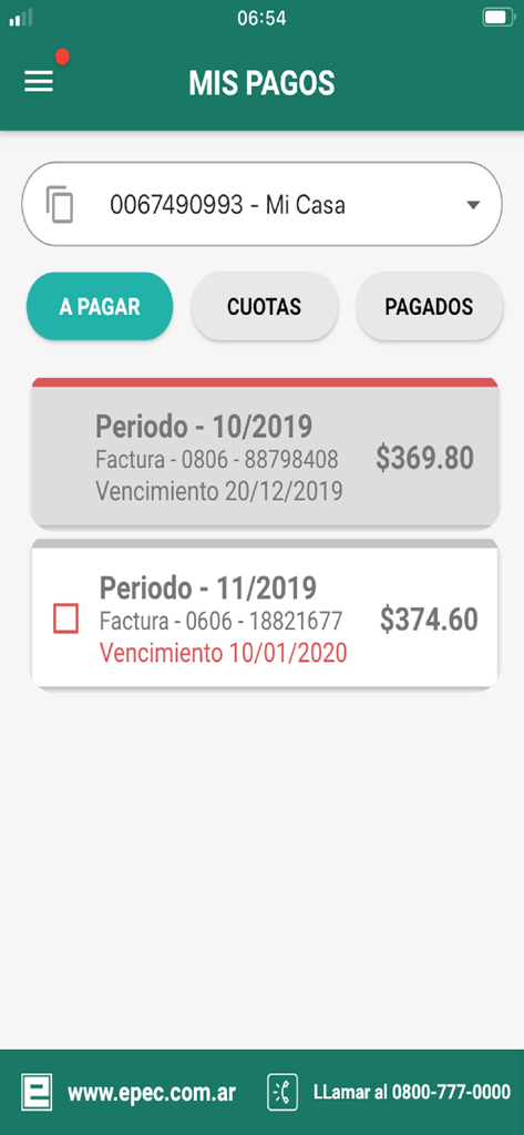 Epec Móvil - Interface of Epec Movil app showing unpaid energy bills and payment options