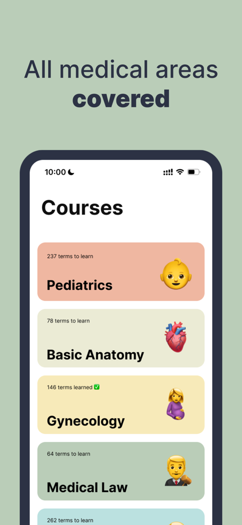 Screenshot of Doxa app showing various medical English courses including Pediatrics, Basic Anatomy, Gynecology, and Medical Law.