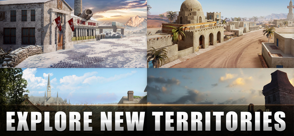 A collage of four different 3D battle environments in Tank Warfare featuring snowy, desert, and rural terrains with the text Explore New Territories.