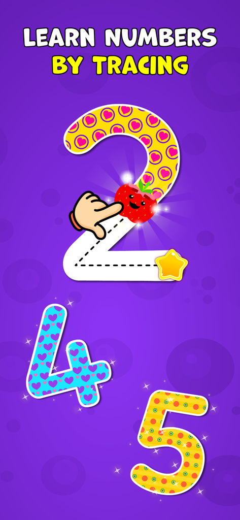 A educational game screen showing a child how to learn numbers by tracing them on a purple background