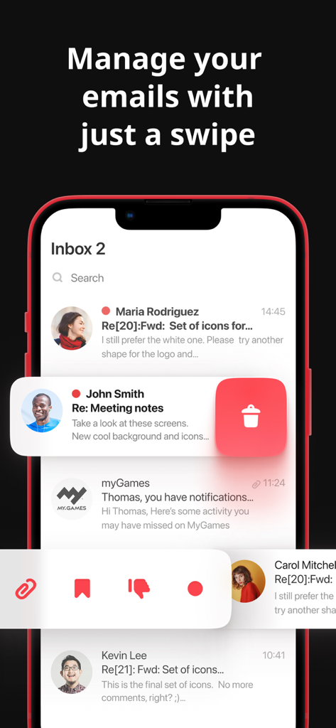myMail box: email client app - myMailアプリのインターフェースが表示されたスマートフォン。メールメッセージに対するスワイプして削除するアクションを表示