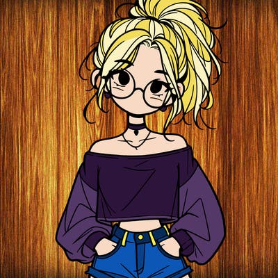 girl with a messy ponytail glasses a baggy crop top and jean shorts