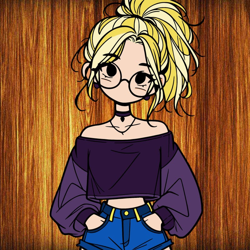 girl with a messy ponytail glasses a baggy crop top and jean shorts