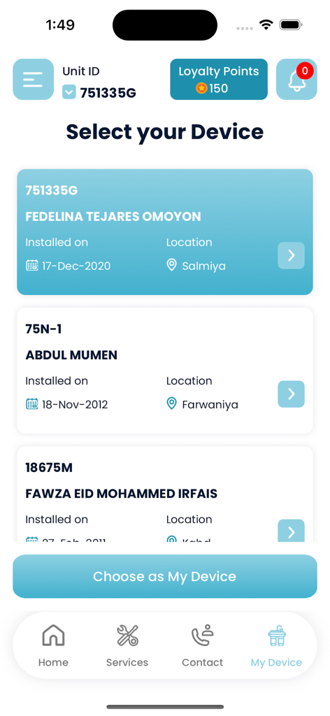 My Coolpex - Interface of the My Coolpex app showing the Select your Device screen with a list of registered water purification systems