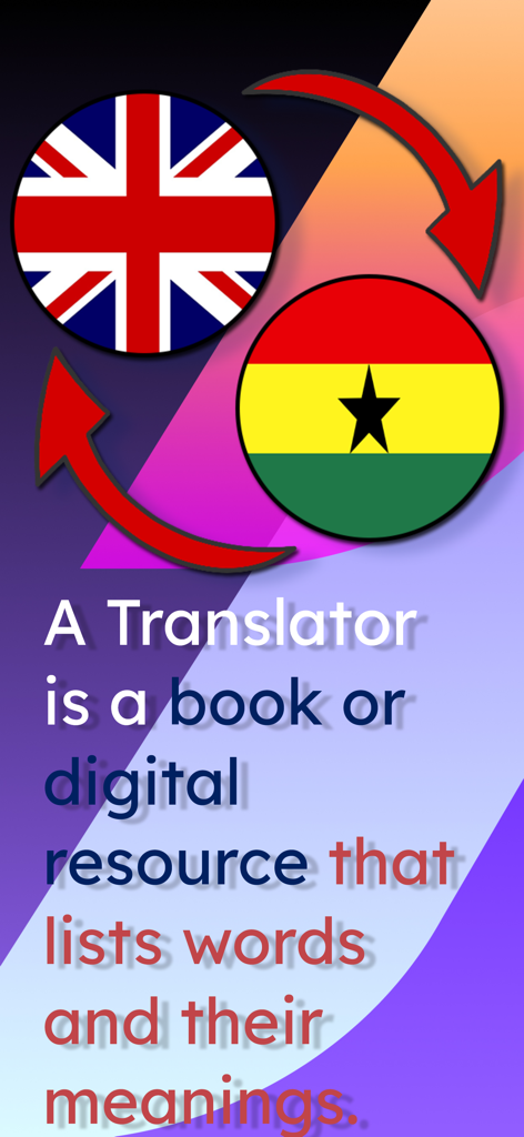 English Twi Translator - Übersetzungsgrafik mit britischer und ghanaischer Flagge und Pfeilen, die bidirektionale Sprachunterstützung zeigen
