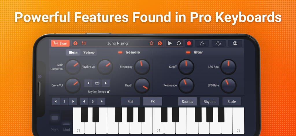 Soundfont Pro: Synth Studio - シンセサイザーコントロールと仮想キーボードが表示されたSoundfont Proモバイルアプリインターフェース