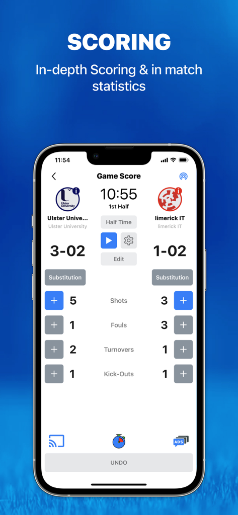 QS GAA - QS GAA mobile app interface showing live match scores and in-depth game statistics like shots, fouls, and turnovers