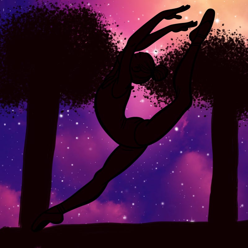 gymnast doing a leap in a leotard with a bent back leg