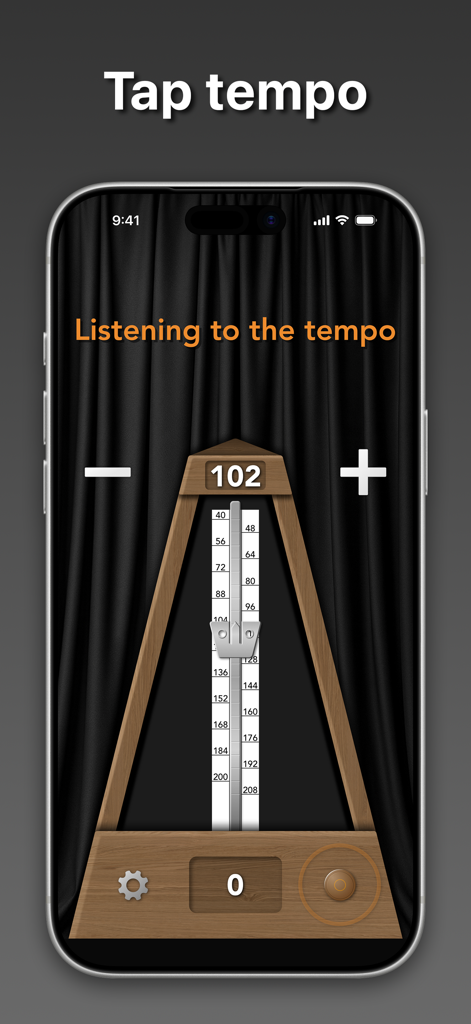True Metronome - Interface da aplicação True Metronome num iPhone mostrando a funcionalidade de toque para definir tempo com um design mecânico de madeira realista.