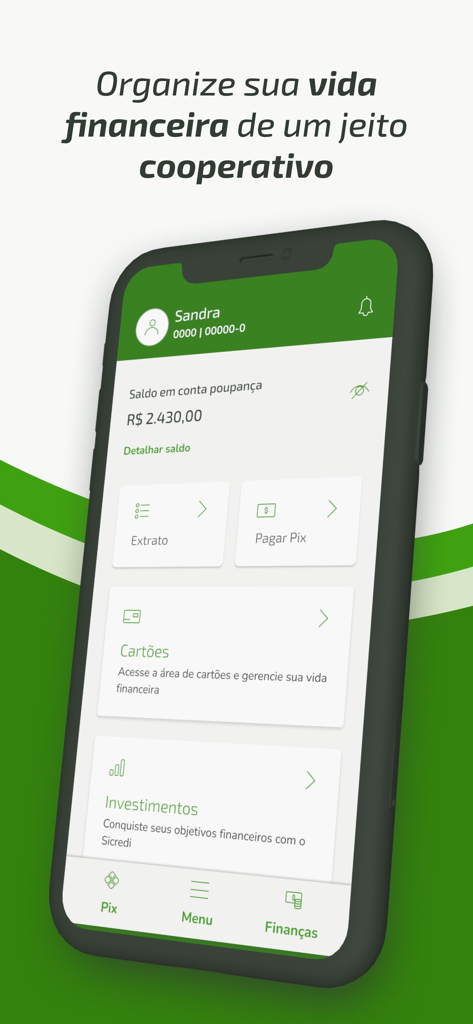 Interface do aplicativo móvel Sicredi X mostrando saldo da conta e recursos de gerenciamento financeiro.