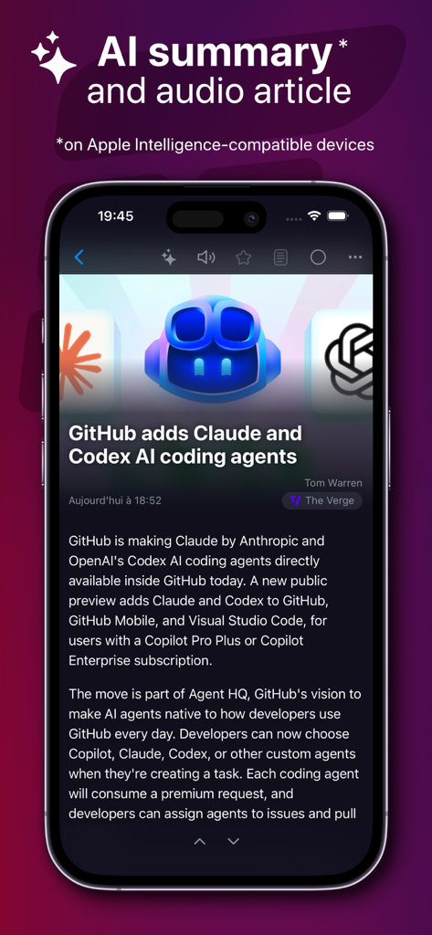 Cupfeed : News & RSS reader - Cupfeed mobile app interface showing a news article about GitHub with AI summary and audio player features