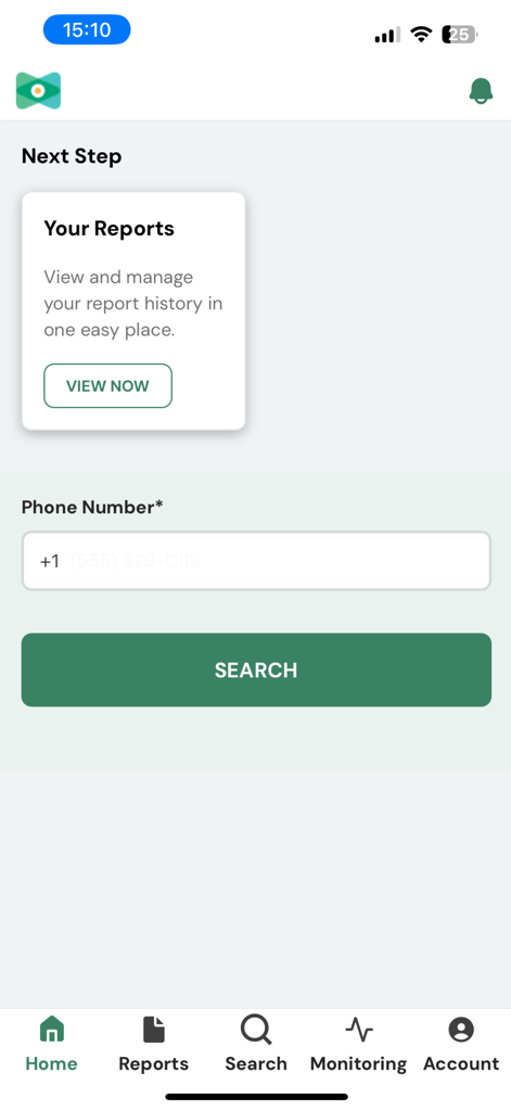 TruthFinder mobile app home screen featuring a phone number search bar and navigation menu
