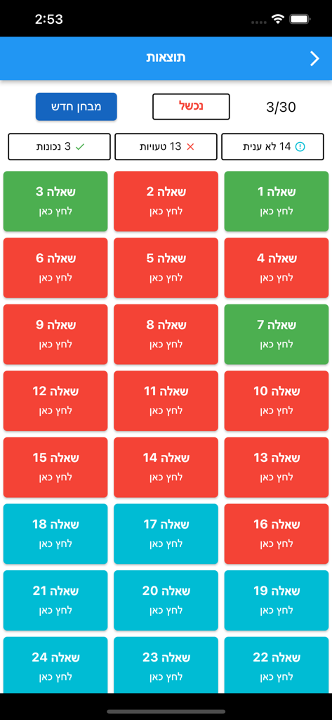 דרך-חינוך תעבורתי - A mobile app screenshot showing a traffic theory test results screen with a grid of color coded boxes representing correct, incorrect, and unanswered questions.