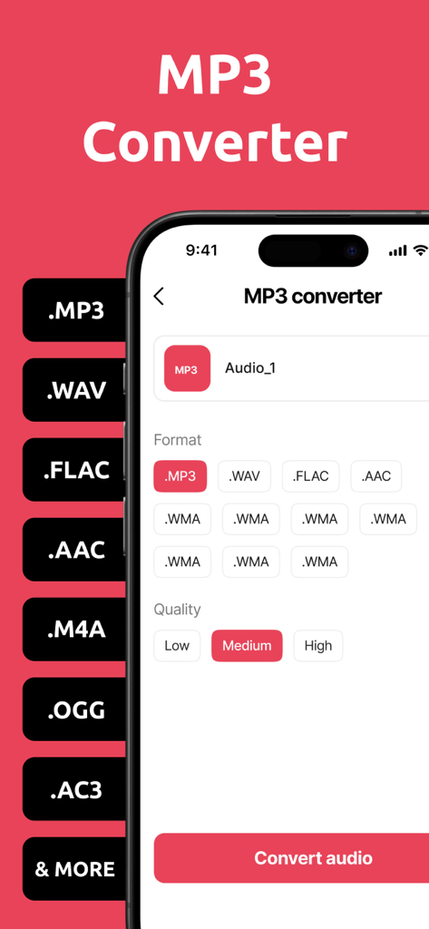 MP3 Audio Converter app screen showing options to select audio format and quality for conversion
