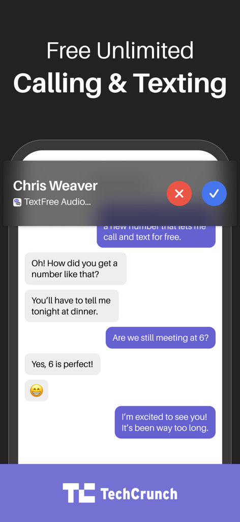 Text Free app interface showing free unlimited calling and texting with a TechCrunch endorsement.