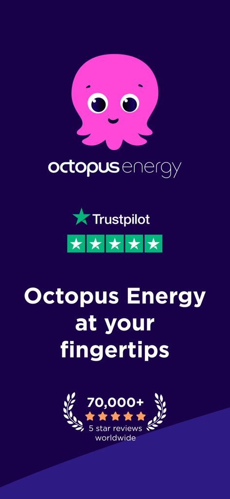 Octopus Energy app splash screen featuring a pink octopus mascot and five star Trustpilot ratings