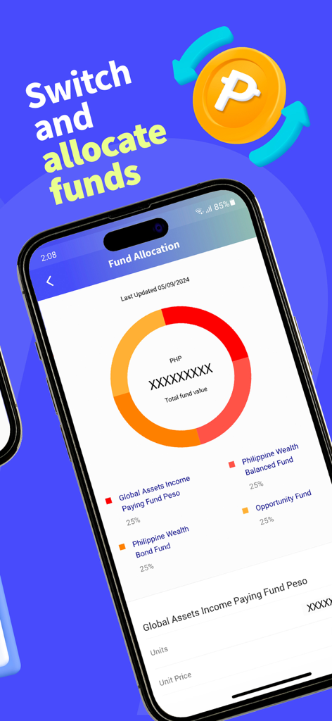 Emma by AXA PH - A smartphone displaying the fund allocation screen of the Emma by AXA PH app showing a donut chart of investment funds