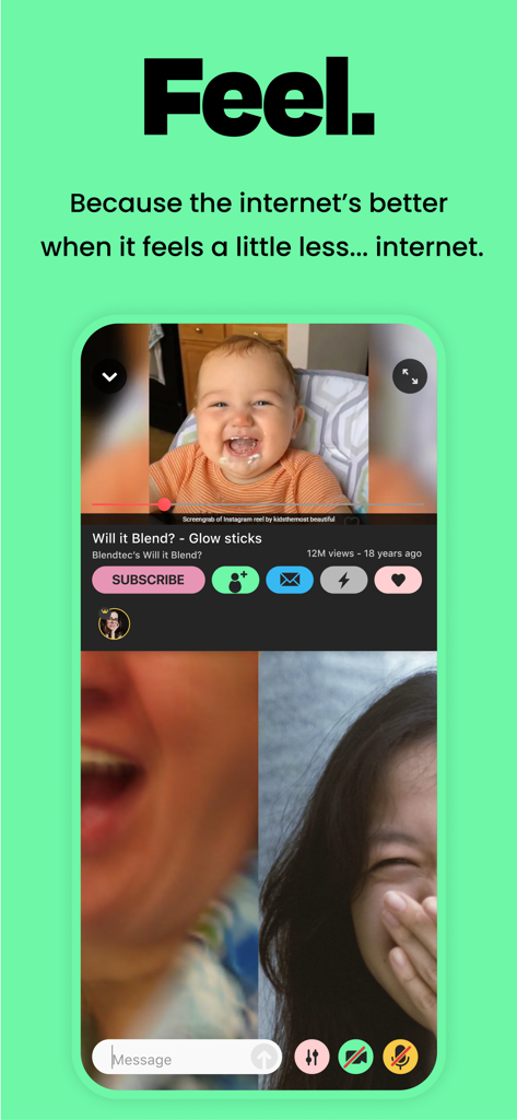 Bopin—Watch & make friends - Bopin app interface featuring a synchronized YouTube video at the top and a real-time video call between friends at the bottom.