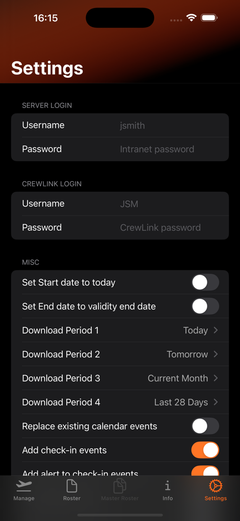 Schermata delle impostazioni dell'app RosterX per l'aviazione che mostra campi di accesso e opzioni di configurazione dell'elenco in modalità oscura.
