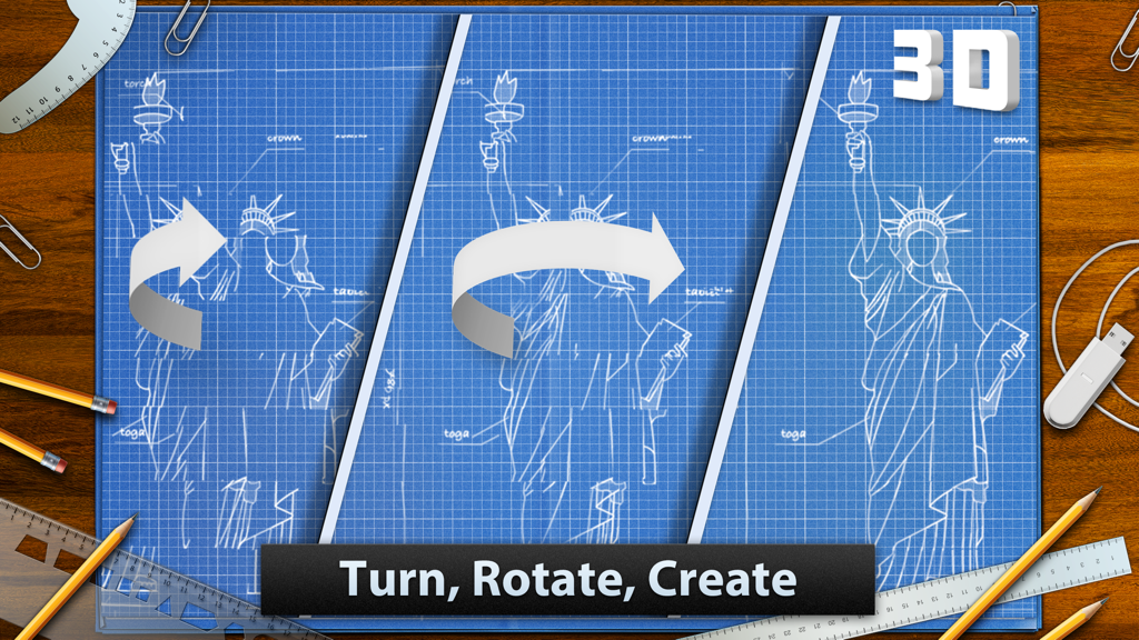A 3D puzzle of the Statue of Liberty being rotated into place on a blue blueprint background