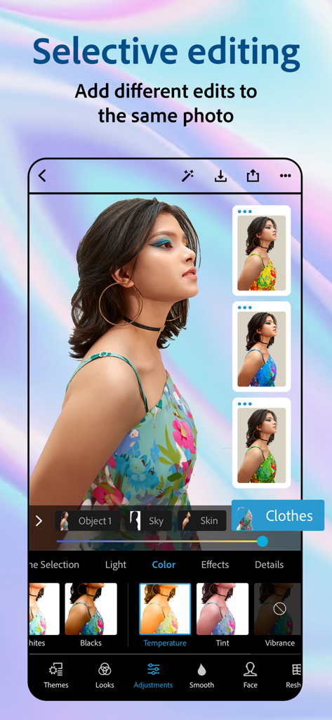 Interfaz de la aplicación móvil Photoshop Express que muestra funciones de edición selectiva para la piel y la ropa.