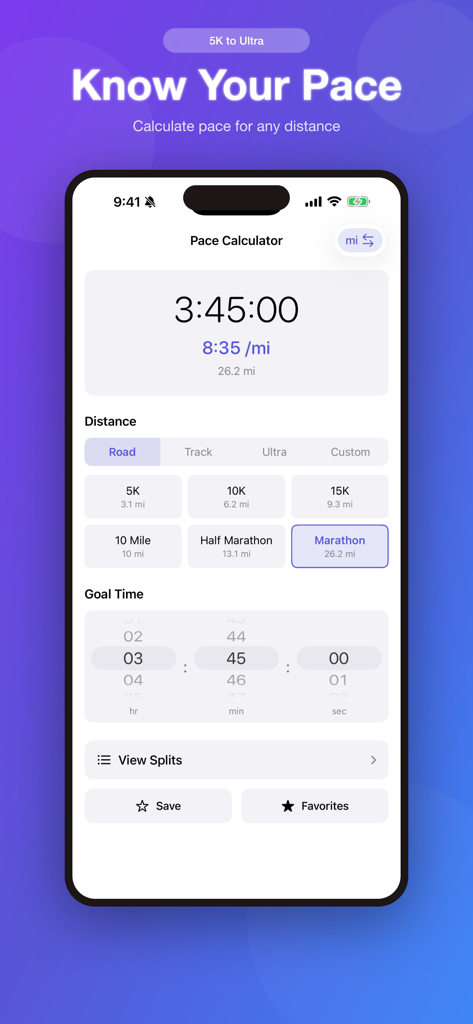 Pace Calculator: Race Splits - Pace calculator app screen showing marathon goal time and calculated pace per mile