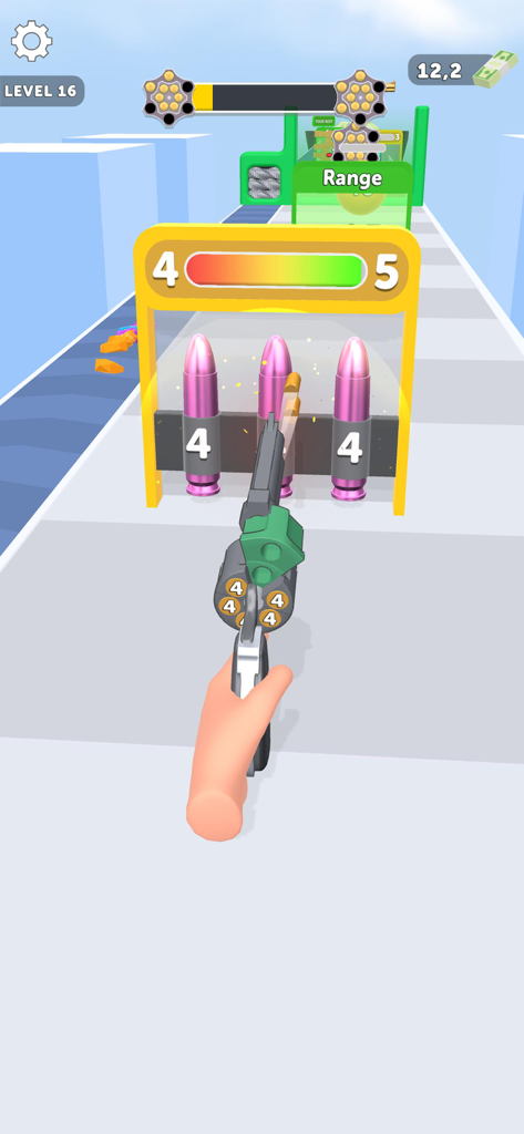 First person gameplay of Revolver Rush showing a gun shooting obstacles on a track