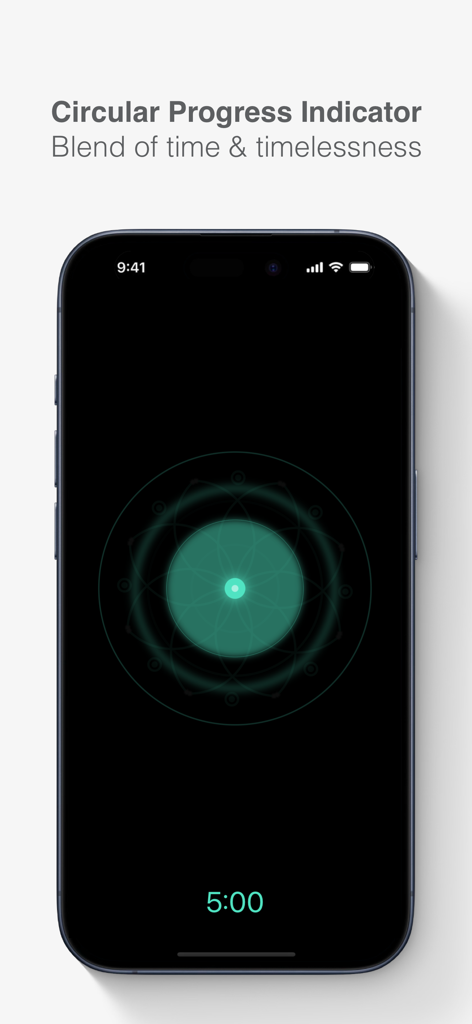 A minimalist meditation timer interface showing a glowing green circular progress mandala and a five minute countdown on a black background.