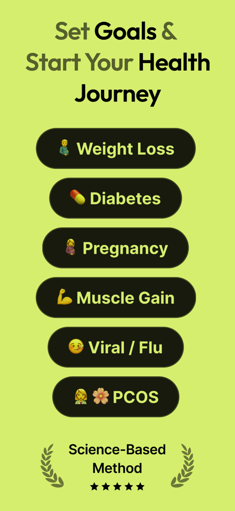 NutriScan: Calorie & Diet Plan - NutriScanアプリの健康目標設定画面。減量、糖尿病、妊娠、筋肉増強、PCOSダイエットプランが含まれています。