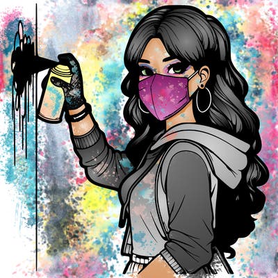 realistic girl with mask spray painting a wall