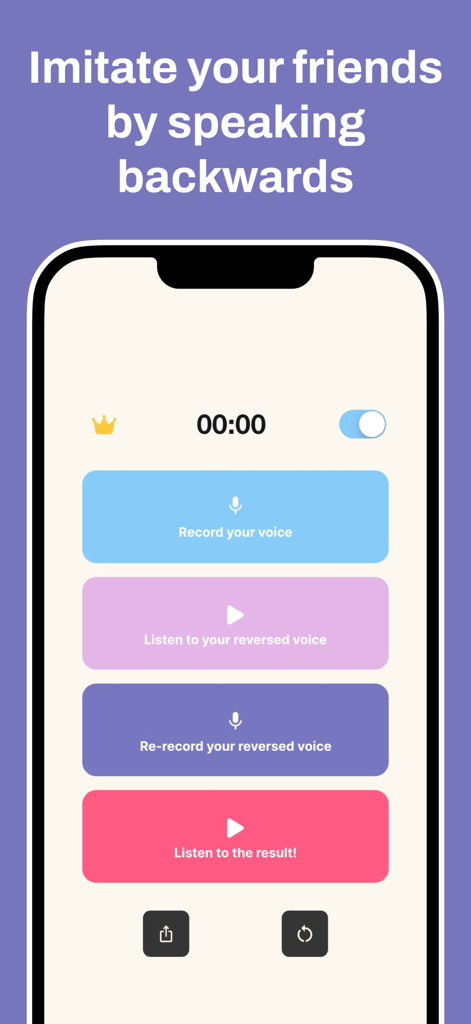 Flip Audio - Reverse Voice - Oberfläche der Flip Audio App, die Schaltflächen zum Aufnehmen und Umkehren deiner Stimme zeigt