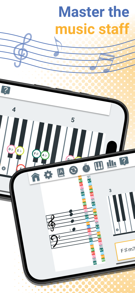 Interface do aplicativo Pianolytics para aprender notas musicais em uma pauta e teclado de piano