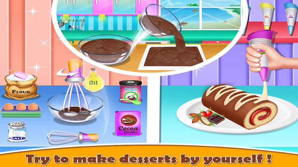 子供向け料理ゲームで、チョコレートスイスロールの材料を混ぜ、焼き、飾り付けるステップを示すコラージュ